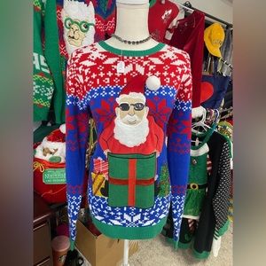 Jolly Sweater Santa with Present - Sz.M Ugly Christmas Sweater